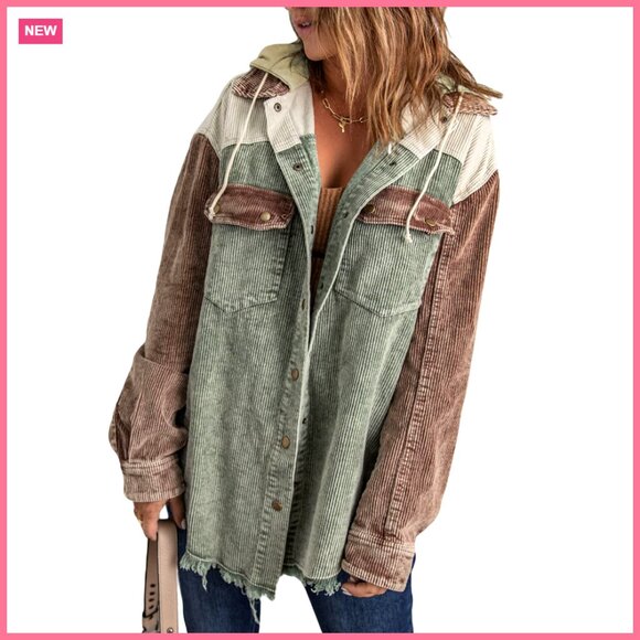 Corduroy Shacket Jacket with Hood and Pockets Long Sleeve Button Down